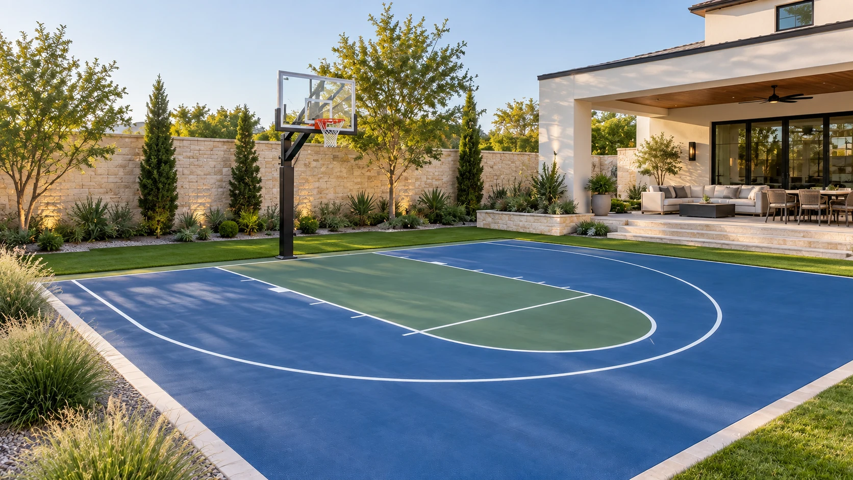 A backyard half-court. Illustrative design rendering.