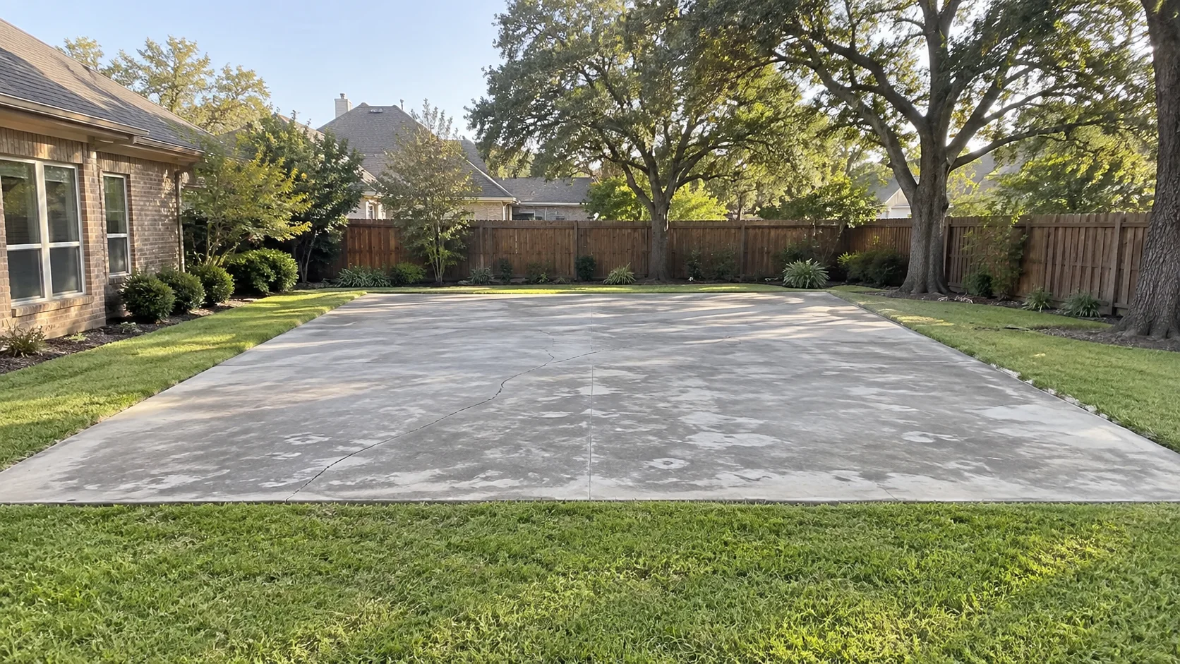 Weathered concrete pad before a pickleball court conversion