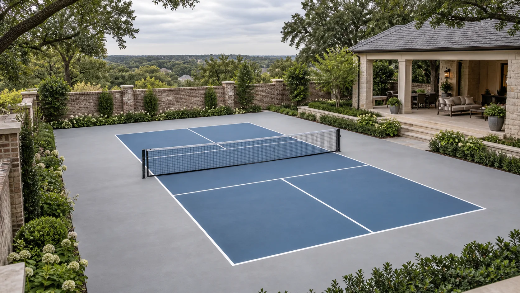 Finished residential pickleball court kept clear for regular play