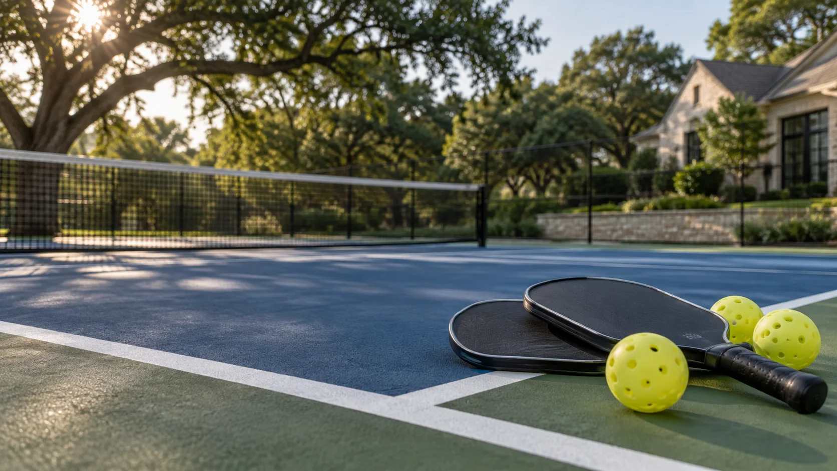 Pickleball paddles and balls beside a North Texas backyard court