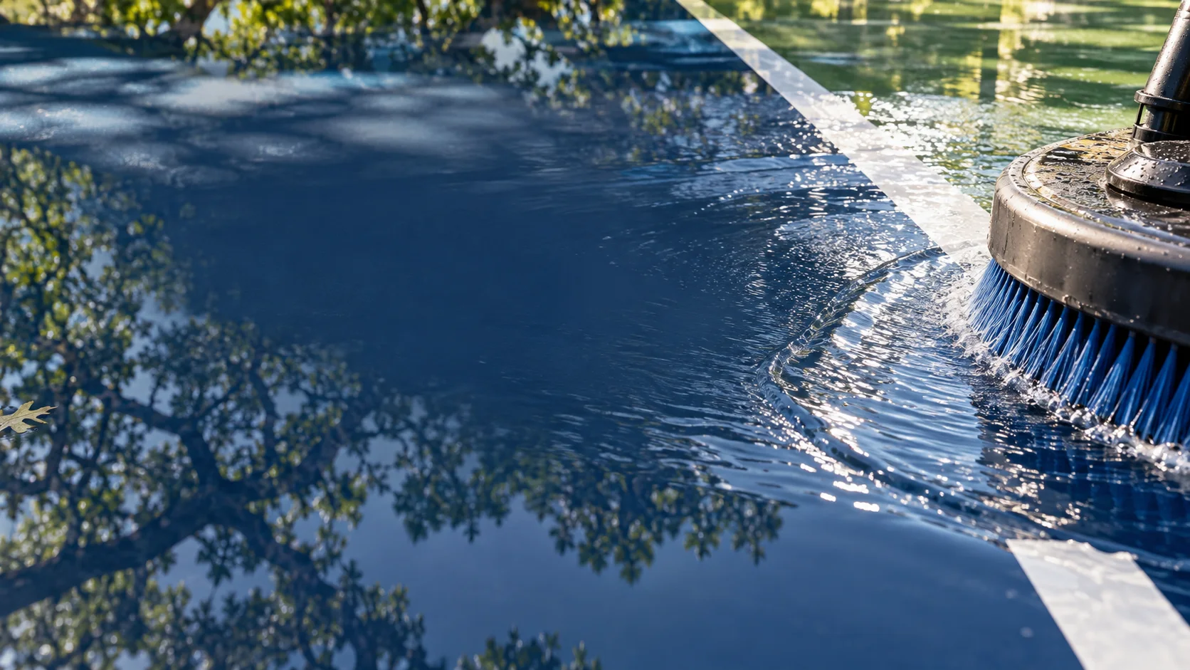 Professional surface brush rinsing an acrylic court