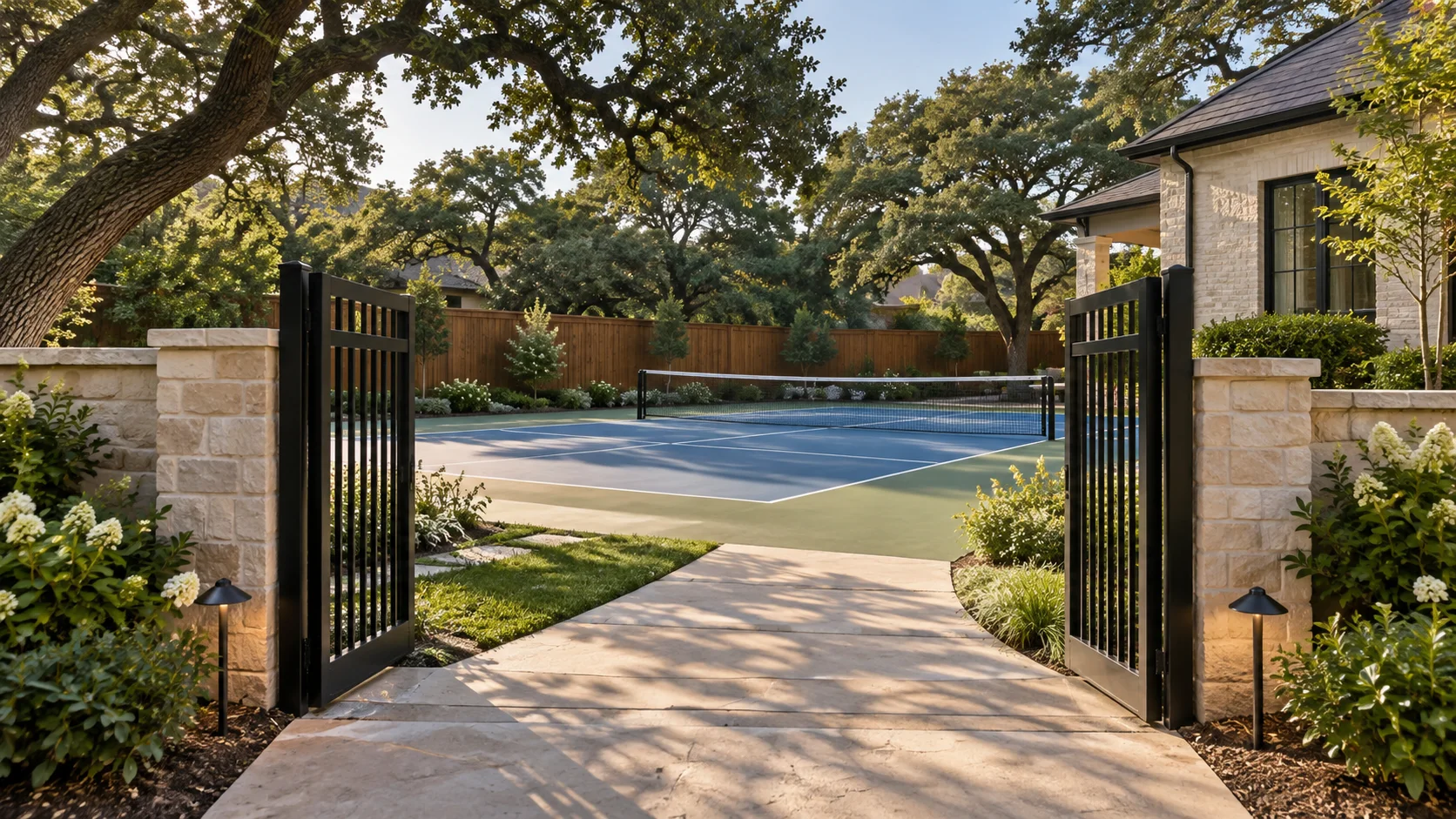 Open gate leading to a North Texas backyard pickleball court