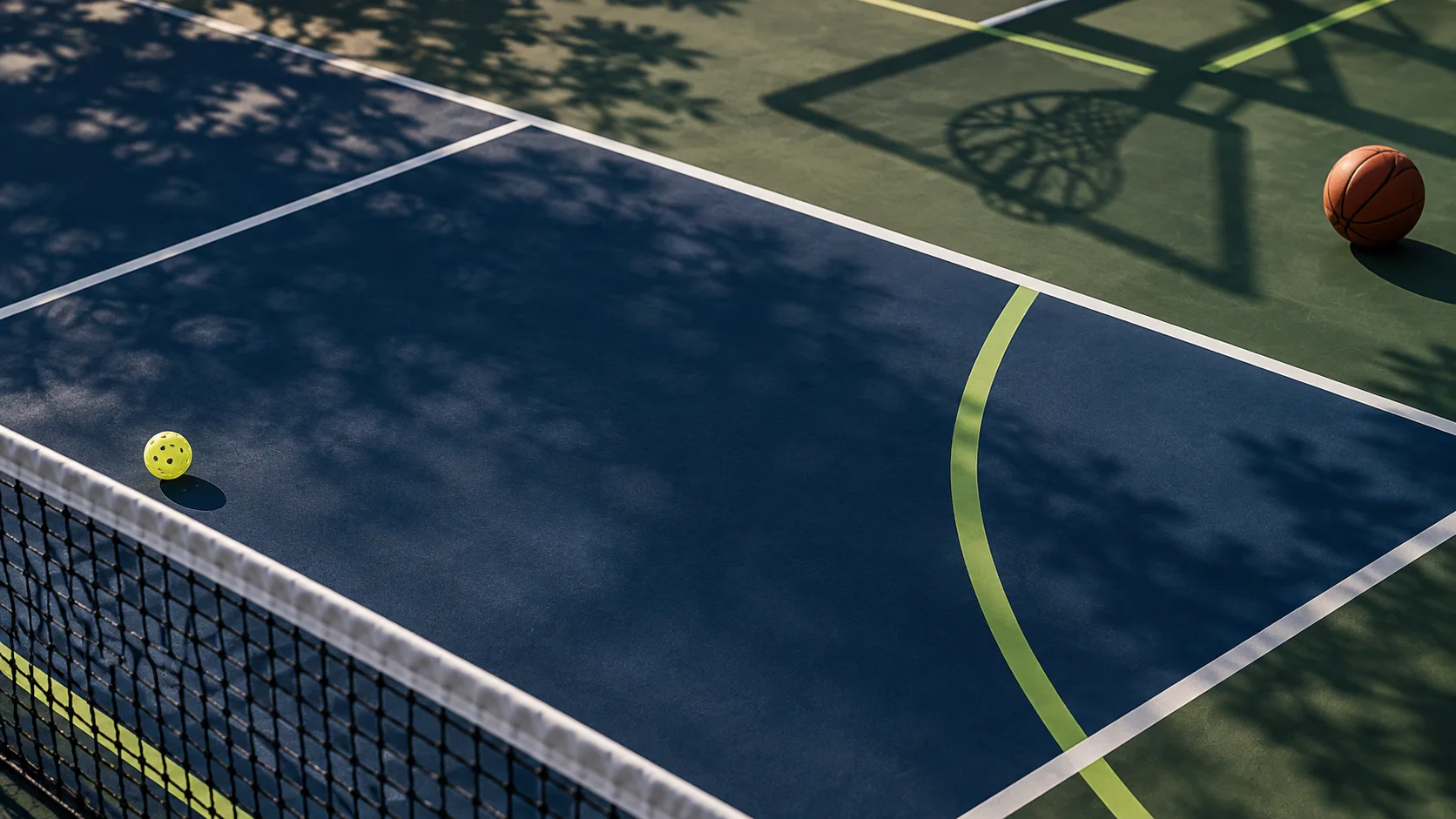 Pickleball and basketball details on a shared court surface