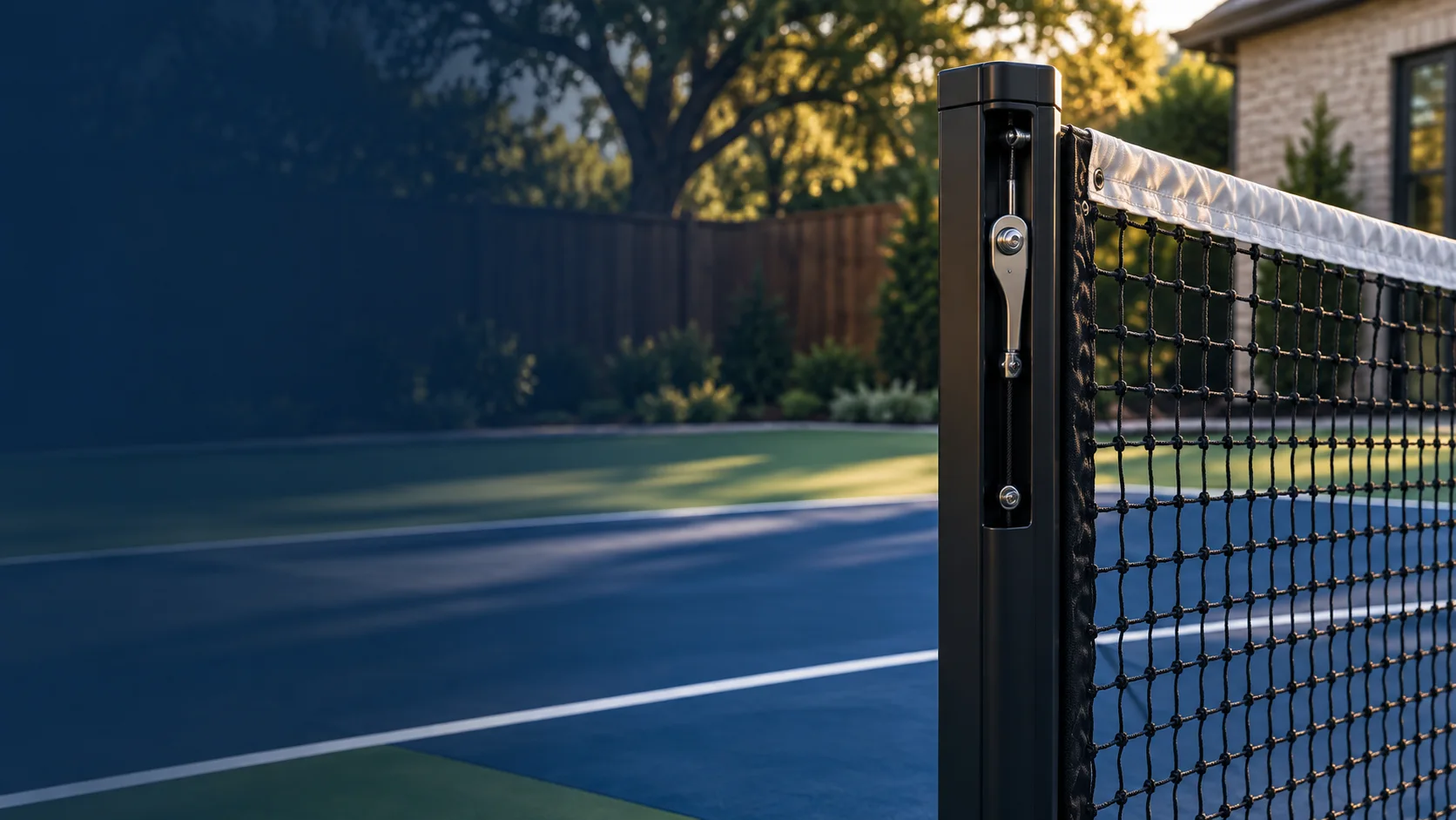 Detailed black pickleball net post and tension hardware