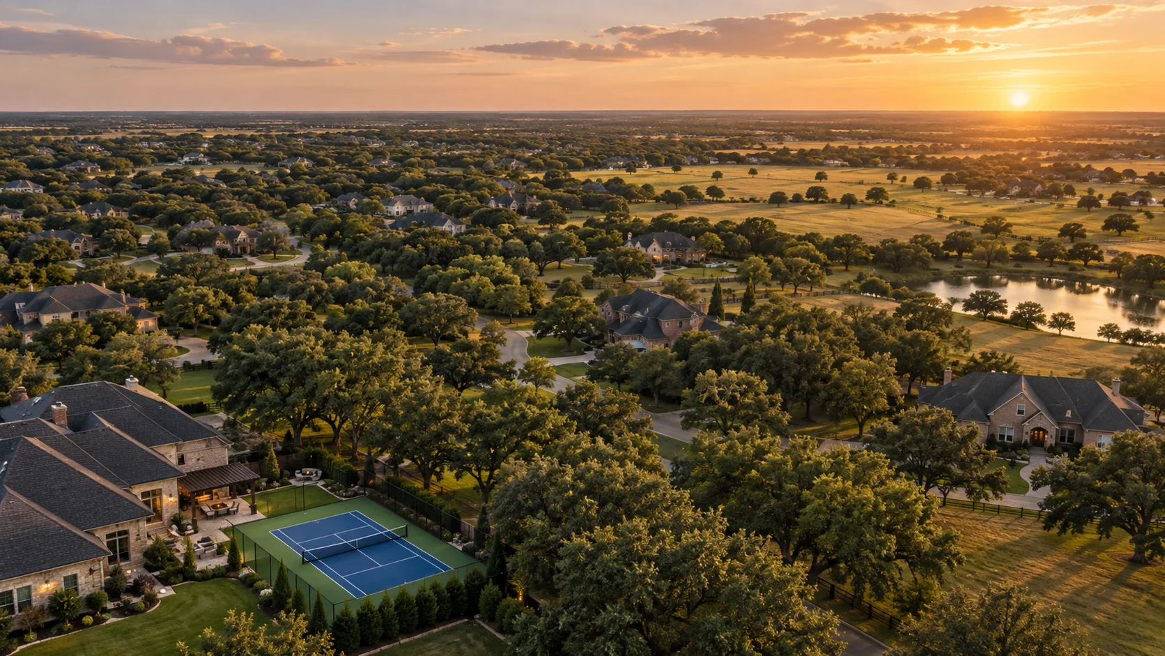 Aerial view of varied North Texas residential settings and a backyard court
