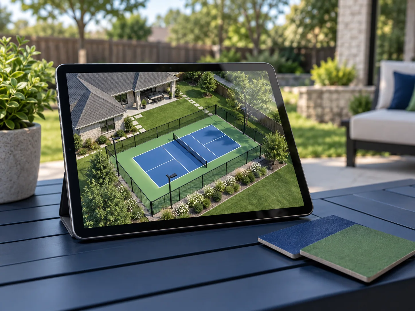 Three-dimensional backyard court concept displayed on a tablet