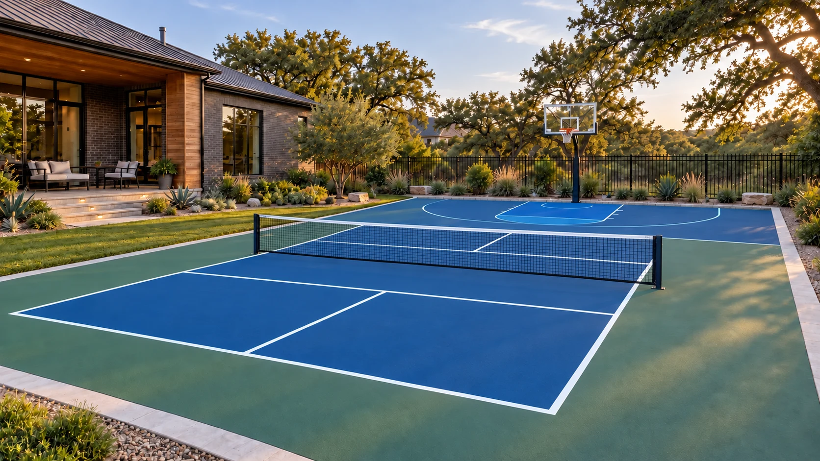 Illustrative multi-sport court design with pickleball and basketball