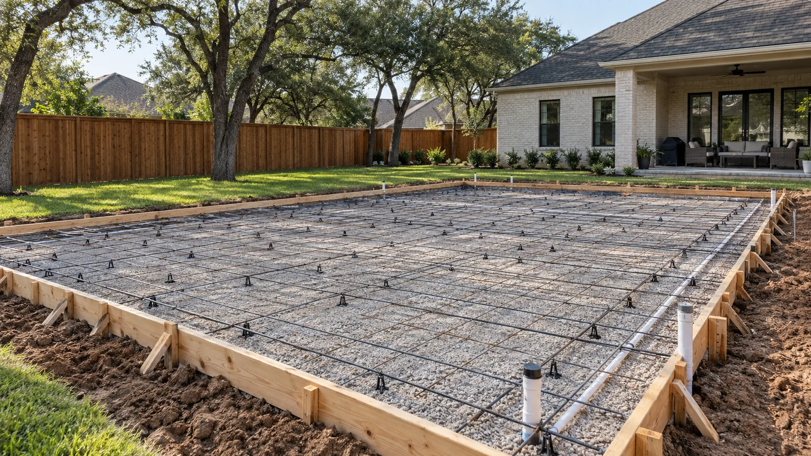 Illustrative new North Texas court slab prepared with forms and reinforcement before concrete placement