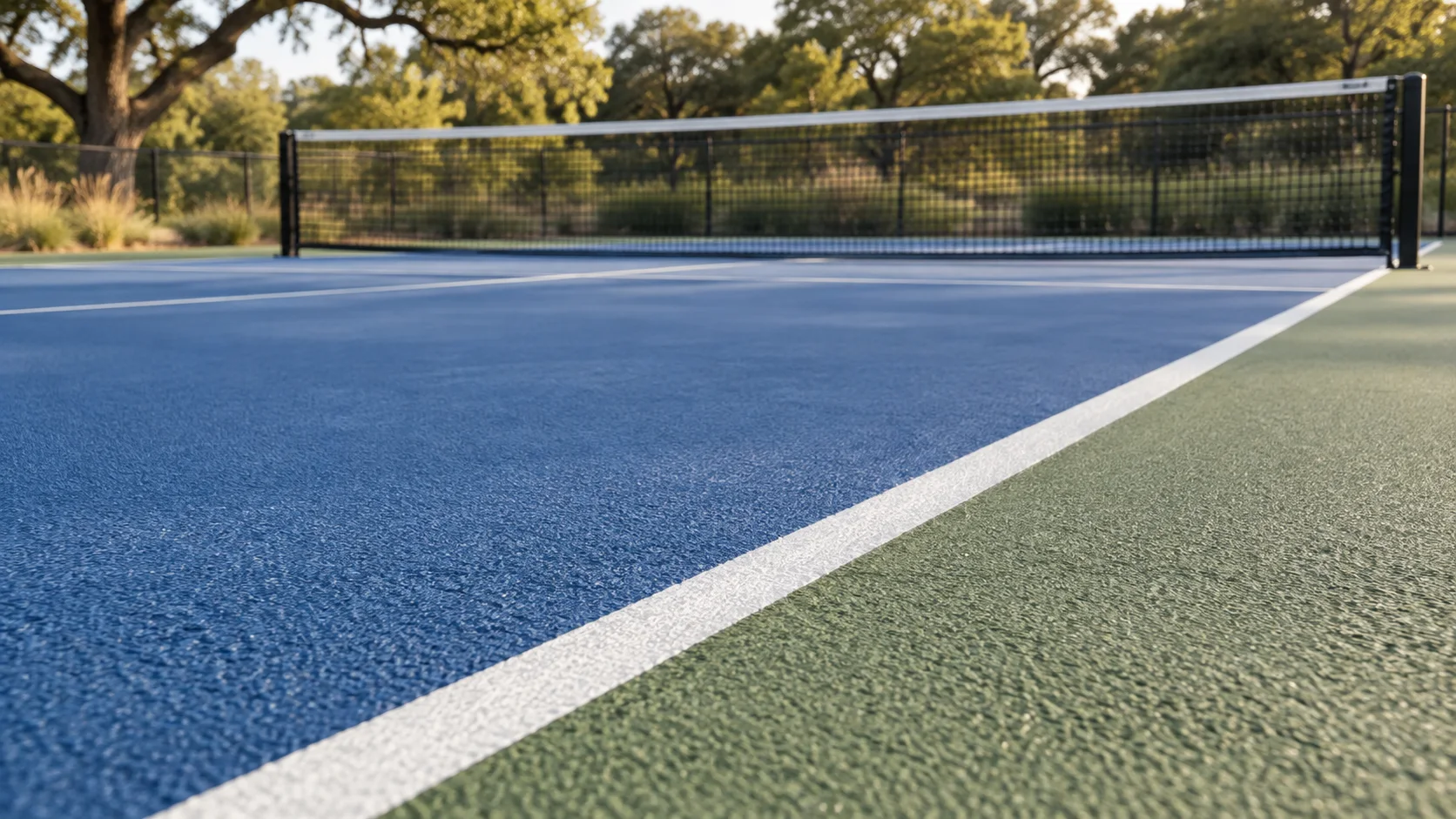 Detailed view of a blue and green acrylic pickleball court surface