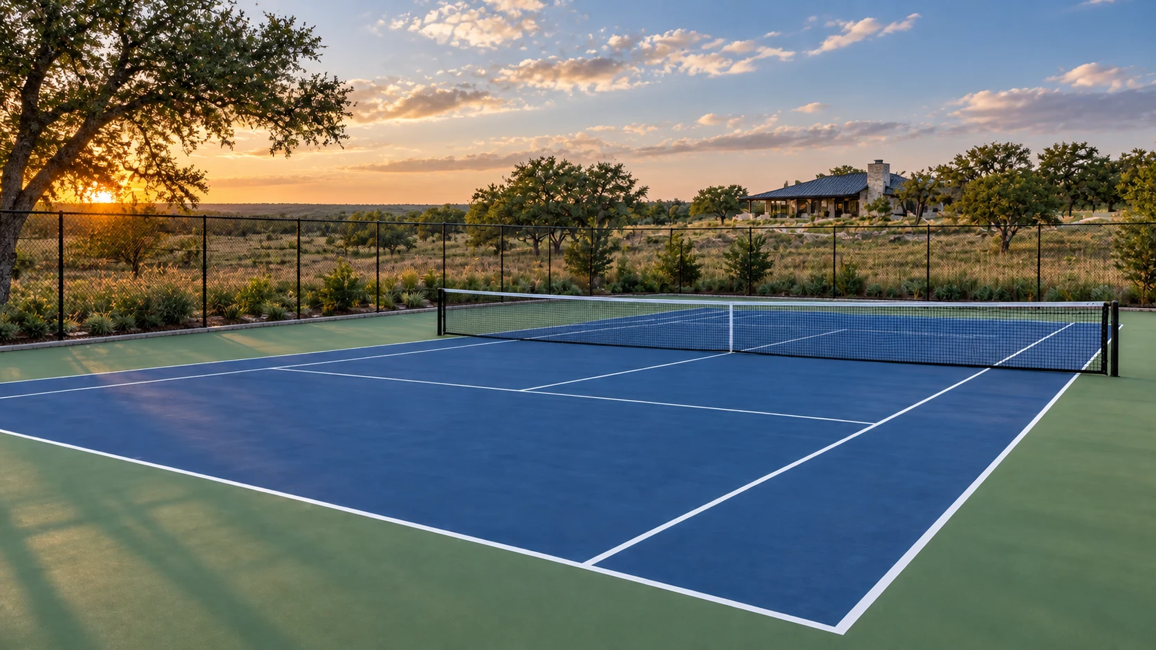 A full-size tennis setting. Illustrative design rendering.